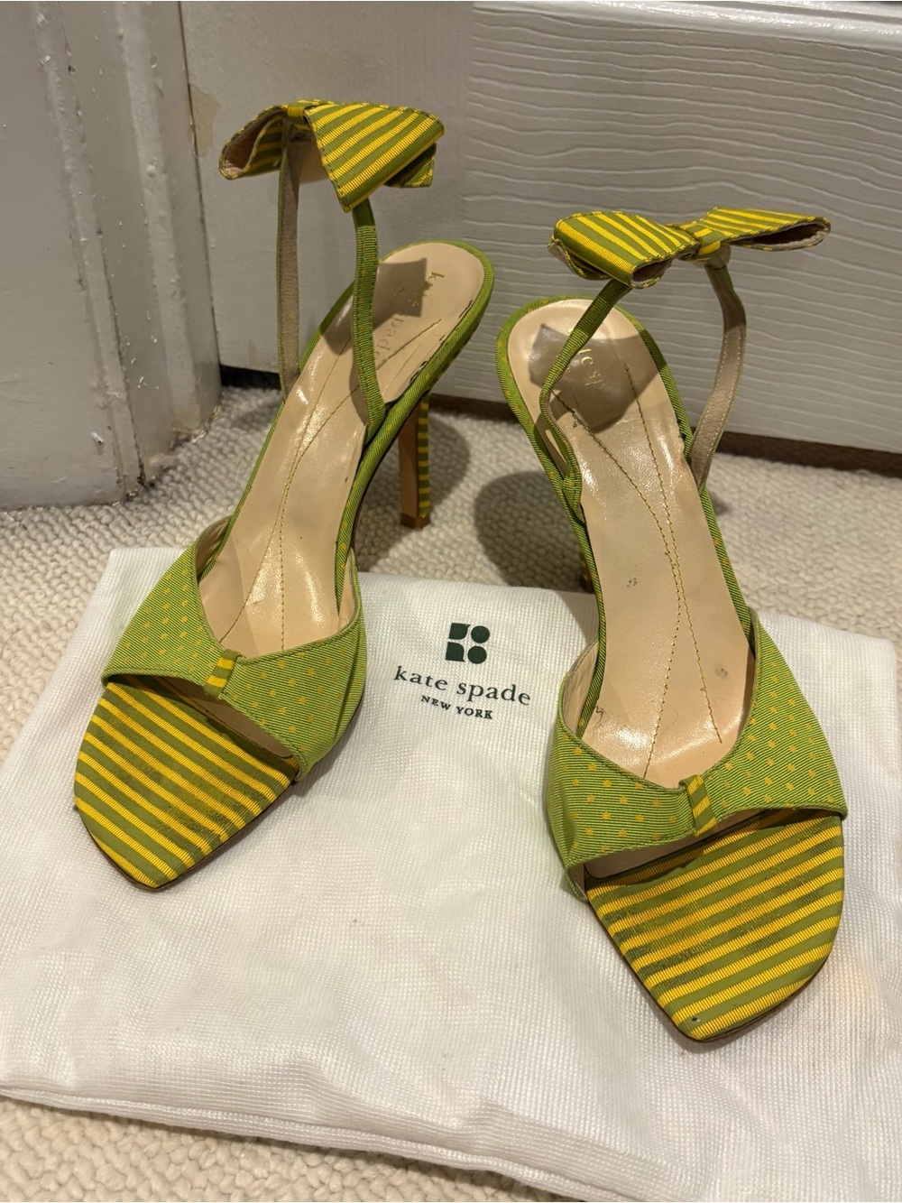 Kate spade Green and Yellow polka dot/ Striped Bow Ankle-Heels s/8.5
